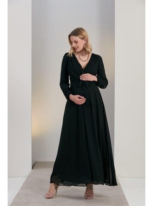 IŞŞIL O7053-Kruvaze Şifon Kuşak Baby Shower Maxi Hamile Elbise Siyah