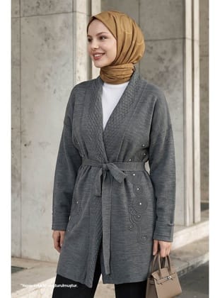 Yakası Desenli Nakışlı Antrasit Triko Ceket