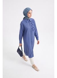Gizli Patlı Tam Boy Düğmeli Gömlek Yaka 120 cm Boy Tunik İndigo