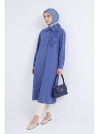Gizli Patlı Tam Boy Düğmeli Gömlek Yaka 120 cm Boy Tunik İndigo