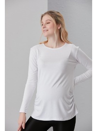 Viskon Körüklü Düz Hamile Uzun Kol T Shirt Beyaz