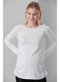 Viskon Körüklü Düz Hamile Uzun Kol T Shirt Beyaz