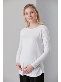 Viskon Körüklü Düz Hamile Uzun Kol T Shirt Beyaz