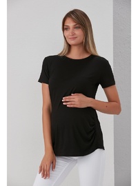 Viskon Körüklü Düz Hamile Kısa Kol T Shirt Siyah