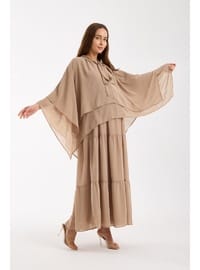 Işıl Pelerinli Askılı Şifon Hamile Midi Elbise Bej