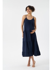 Işıl 1077 Muslin Kumaş Askılı OverSize Hamile Elbise Lacivert