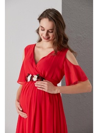 Şakayık Kemer Baby Shower Şifon Elbise Kırmızı