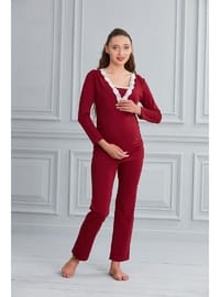 Pamuk Kruvaze Emzirme Detay Hamile Pijama Takım Bordo