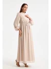 IŞŞIL M0024 Hakim Yaka Mini Leopar Desen Hamile Maxi Şifon Elbise Bej