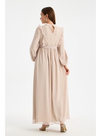 IŞŞIL M0024 Hakim Yaka Mini Leopar Desen Hamile Maxi Şifon Elbise Bej