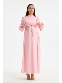 IŞŞIL M0024 Hakim Yaka Mini Leopar Desen Hamile Maxi Şifon Elbise Pembe