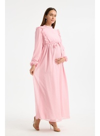 IŞŞIL M0024 Hakim Yaka Mini Leopar Desen Hamile Maxi Şifon Elbise Pembe