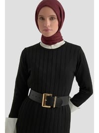Kendinden Çizgili Triko Elbise Siyah