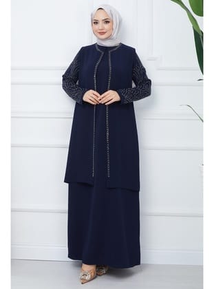 Kolları Taşlı Büyük Beden Anne Elbisesi Lacivert HM2349