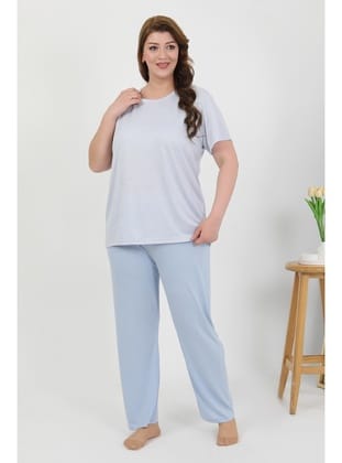 Akbeniz Kadın Büyük Beden Kısa Kol Penye Pijama Takımı Mavi 202510