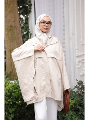 Bej Kapüşonlu Fermuarlı Oversize Panço
