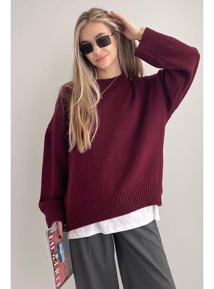 Bordo Bisiklet Yaka Yumuşak Dokulu Oversize Triko Kazak