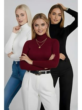 Bordo - Ekru - Siyah 3'lü Paket Balıkçı Yaka Triko Body
