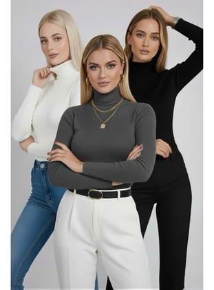 Füme - Ekru - Siyah 3'lü Paket Balıkçı Yaka Triko Body
