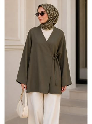 Haki Kruvaze Yaka Yandan Bağlamalı Yazlık Kimono Tunik