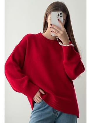 Kırmızı Bisiklet Yaka Yumuşak Dokulu Oversize Triko Kazak