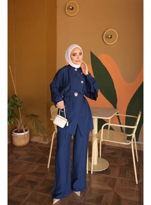 Lacivert Önü Düğmeli Kuşaklı Tunik Pantolonlu Takım