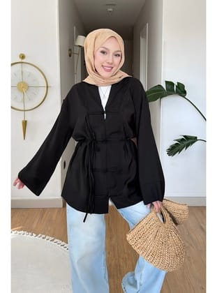 Siyah Bağcıklı Geniş Kol Kimono