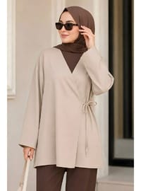 Bej Kruvaze Yaka Yandan Bağlamalı Yazlık Kimono Tunik