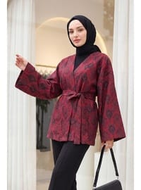 Dijital Baskılı Beli Kemerli Kapitone Kimono Kırmızı