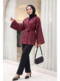 Dijital Baskılı Beli Kemerli Kapitone Kimono Kırmızı