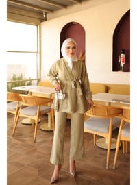 Olive Yaka Bronş Detaylı Tunik Pantolonlu Takım