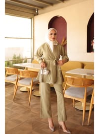 Olive Yaka Bronş Detaylı Tunik Pantolonlu Takım