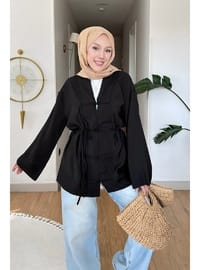 Siyah Bağcıklı Geniş Kol Kimono