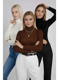 Siyah Krem Kahverengi 3'lü Paket Balıkçı Yaka Triko Body