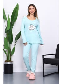 Kışlık Pamuklu İnterlok Pijama Takımı Su Yeşili