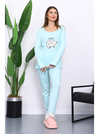 Kışlık Pamuklu İnterlok Pijama Takımı Su Yeşili
