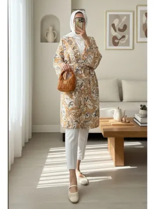 Beli Bağlamalı Etnik Desen Modal Kimono -Bej