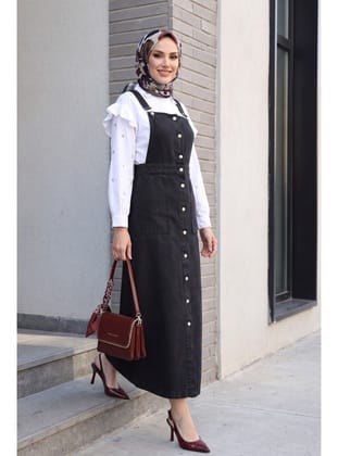 Boydan Düğmeli Çift Cepli Kot Jile   -Siyah