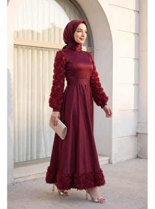 Eteği Ve Kolları Gül Detaylı Saten Abiye  -Bordo