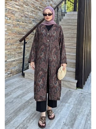 Şal Desen Düğmeli Kimono Y0127 - A. KAHVE