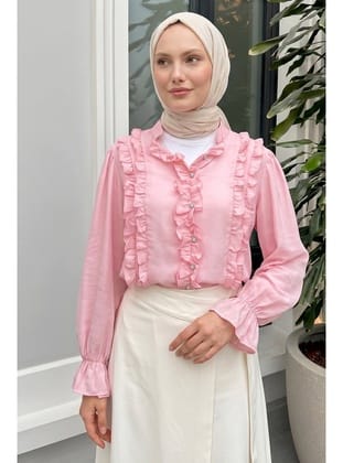 Şerit Fırfırlı Düğmeli Gömlek Y0096 - AÇIK PEMBE