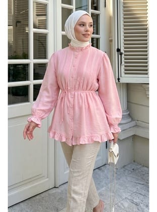 Yaka Nervürlü Gömlek Y0109 - PEMBE