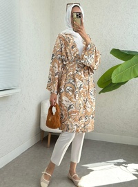 Beli Bağlamalı Etnik Desen Modal Kimono Bej