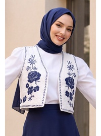 Çiçek Nakışlı Astarlı Desenli Yelek Beyaz