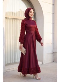 Saten Abiye Eteği Ve Kolları Gül Detaylı Bordo