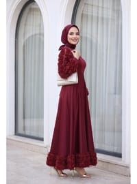 Saten Abiye Eteği Ve Kolları Gül Detaylı Bordo