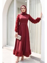 Saten Abiye Eteği Ve Kolları Gül Detaylı Bordo