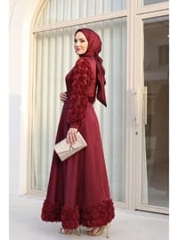 Saten Abiye Eteği Ve Kolları Gül Detaylı Bordo