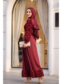 Saten Abiye Eteği Ve Kolları Gül Detaylı Bordo