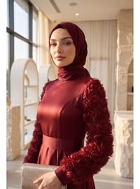 Saten Abiye Eteği Ve Kolları Gül Detaylı Bordo